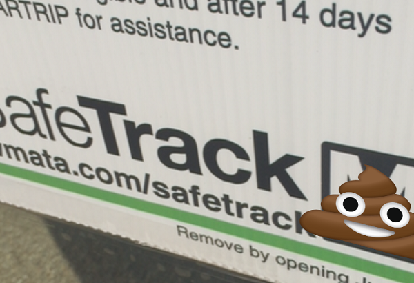 Augmented reality that turns Metro's logo into the poop emoji.