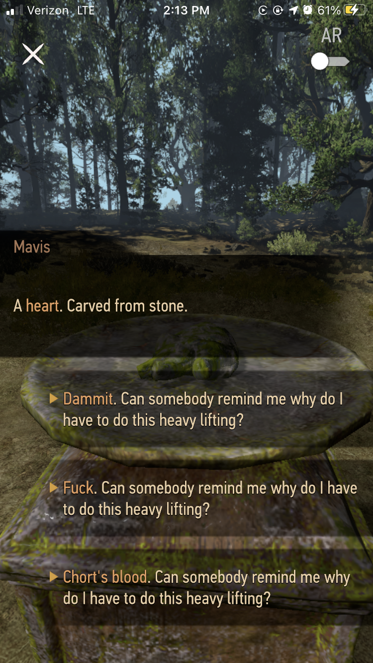 An example of dialogue choices in The Witcher: Monster Slayer