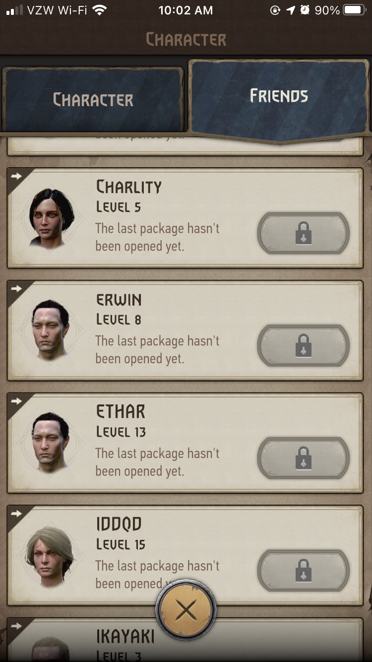 A screenshot from The Witcher: Monster Slayer showing my friends list and how they're all inactive.